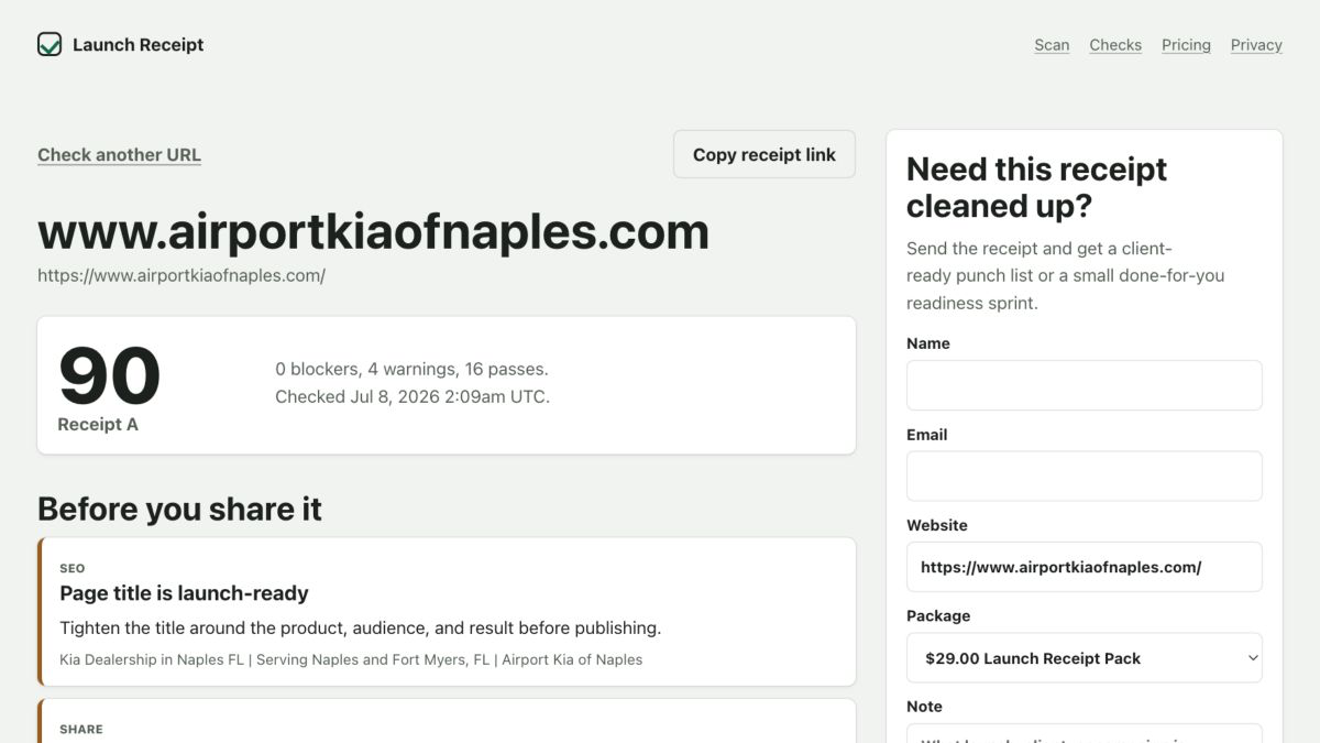 Launch Receipt report preview showing launch checks and score